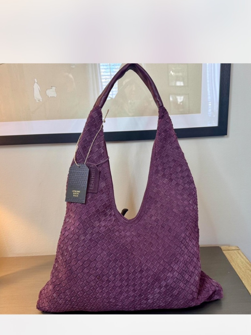 NWT Woven Suede Leather Hobo Bag Purple Intrecciato Style Slouchy Shoulder Bag - Picture 2 of 6